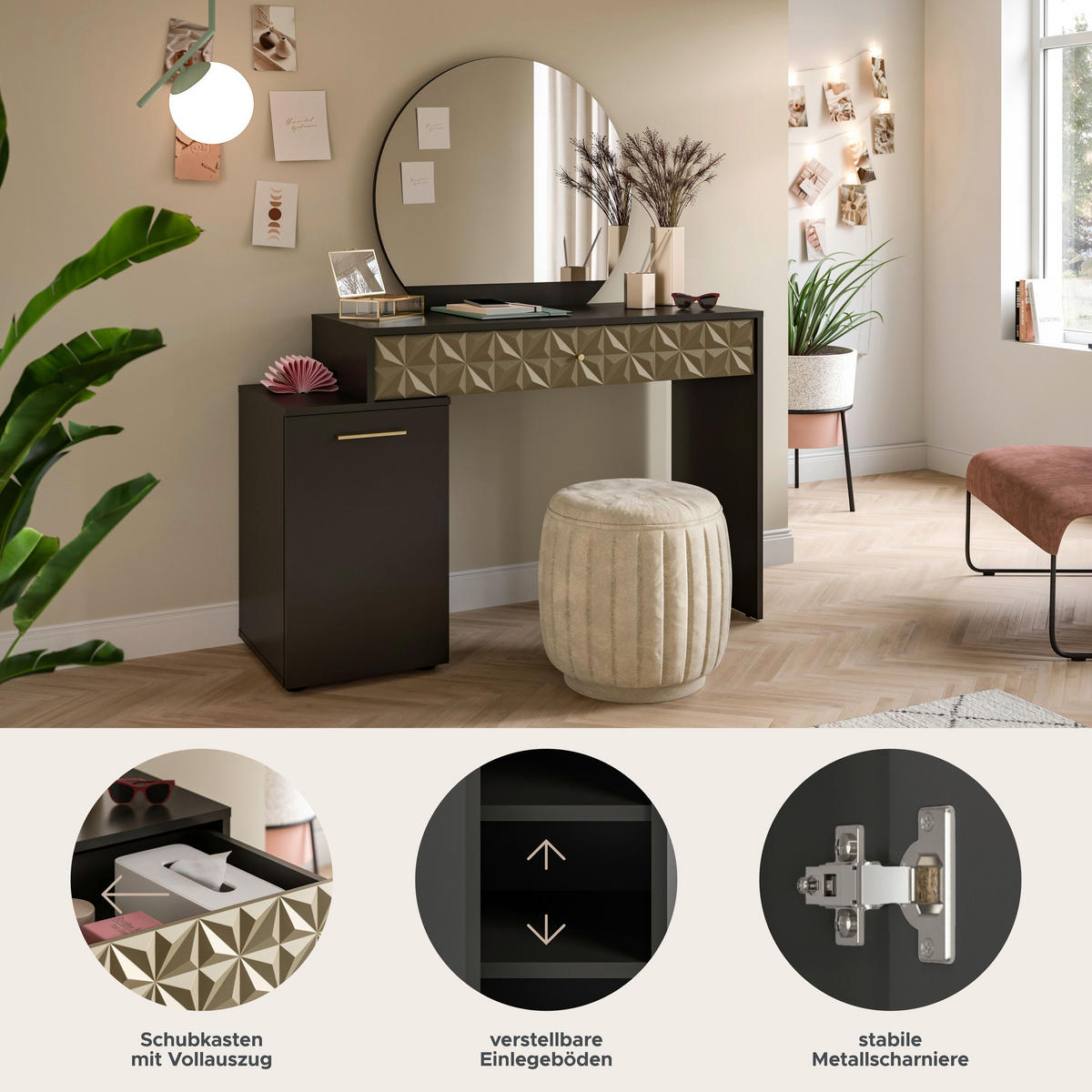 SCHMINKTISCH Prisma Schminktisch in schwarz Melamin und gold hochglanz B/H/T: 117x137x42 cm - Schwarz, Holzwerkstoff (117/138/42cm)