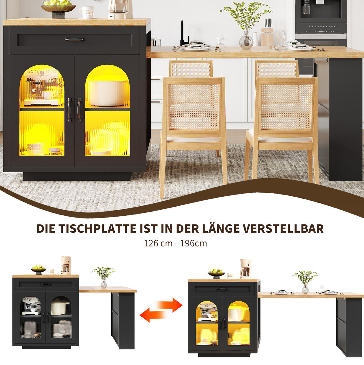 BUFFET 126-196/59/94 cm aus MDF mit RGB-LED-Beleuchtung und ausziehbarer Tischplatte Schwarz - Schwarz, Holzwerkstoff (196/94/59cm) - Modenvie