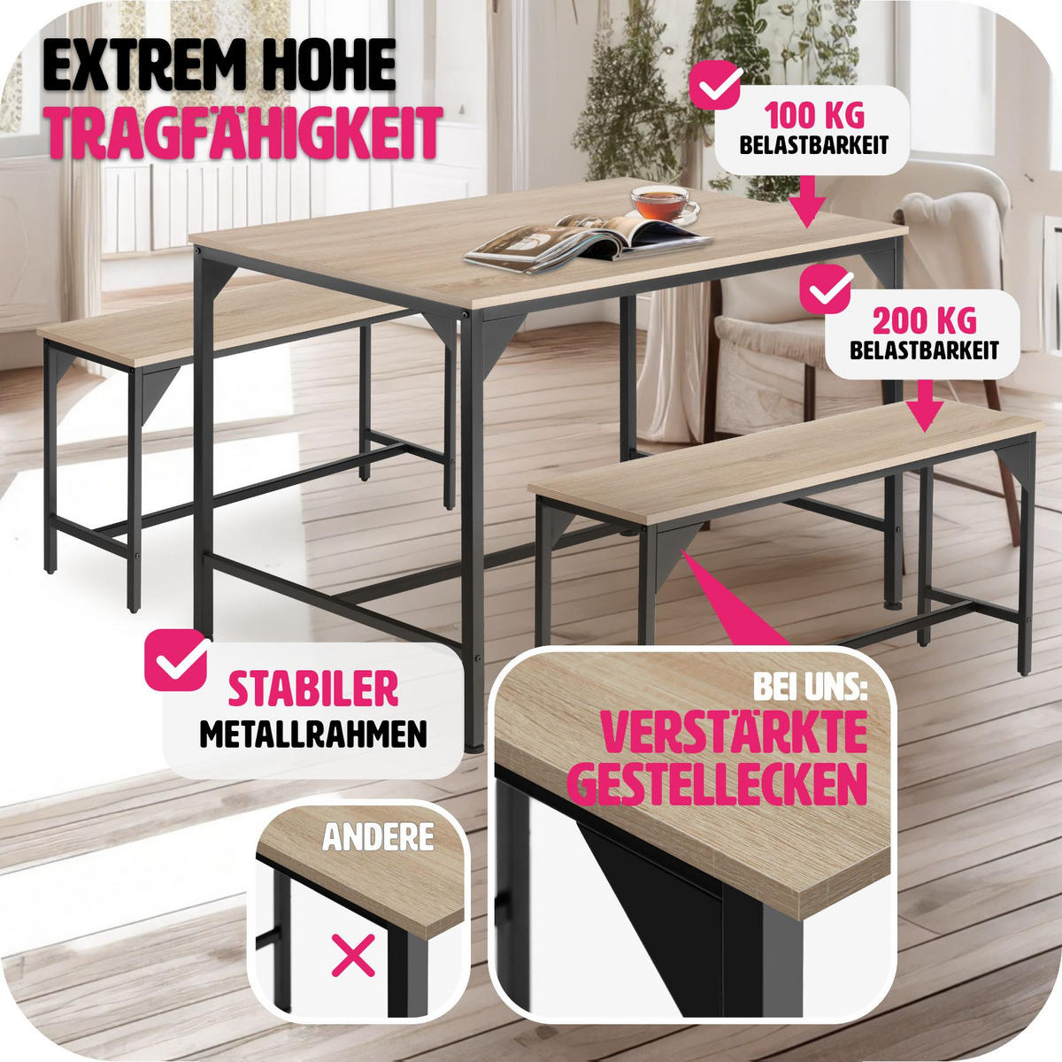 SITZGRUPPE Bolton,mit höhenverstellbaren Kunststofffüßen,Industrial Holz hell, Eiche Sonoma - Naturfarben, Holz (130/75/100cm) - tectake