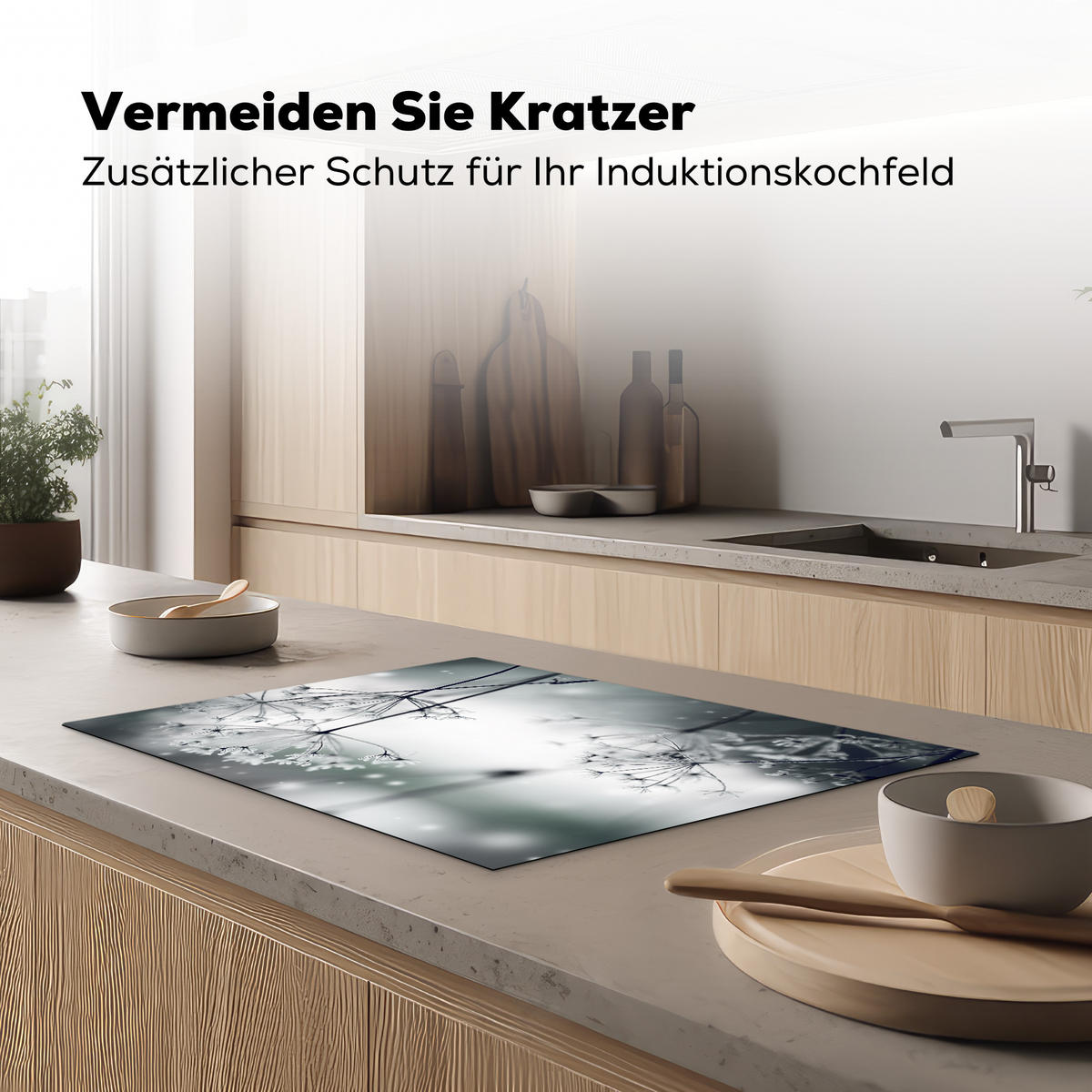 HERDABDECKPLATTE Blumen - Winter - Schnee - Natur Herdabdeckung Induktionsfeld 75x52 cm - Grau, Kunststoff (75/52/0.2cm) - MuchoWow