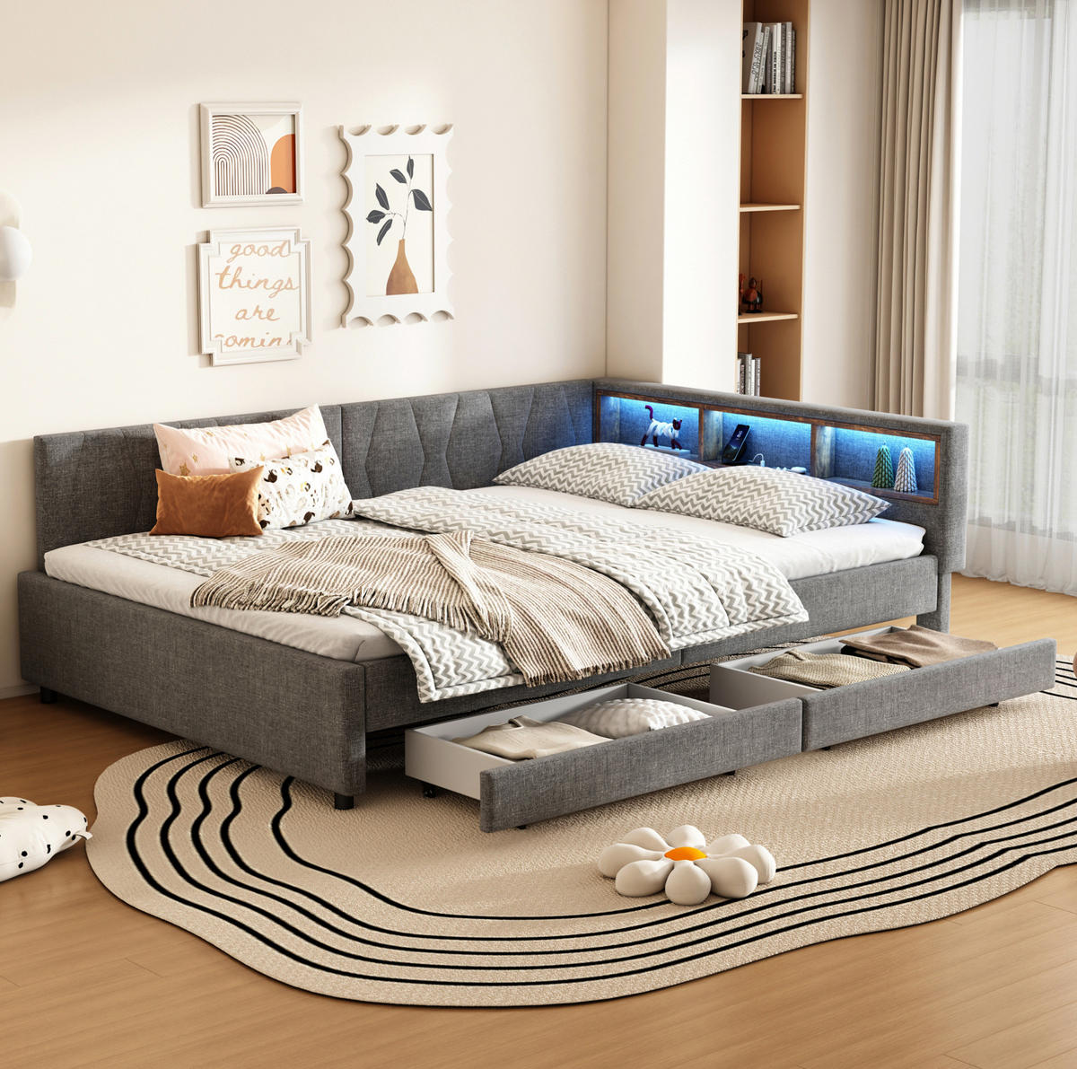 POLSTERBETT 140/200 cm aus Leinen und MDF mit LED-Lichtleiste, USB-C und 2 Schubladen Grau - Grau, Textil (140/200cm) - Modenvie