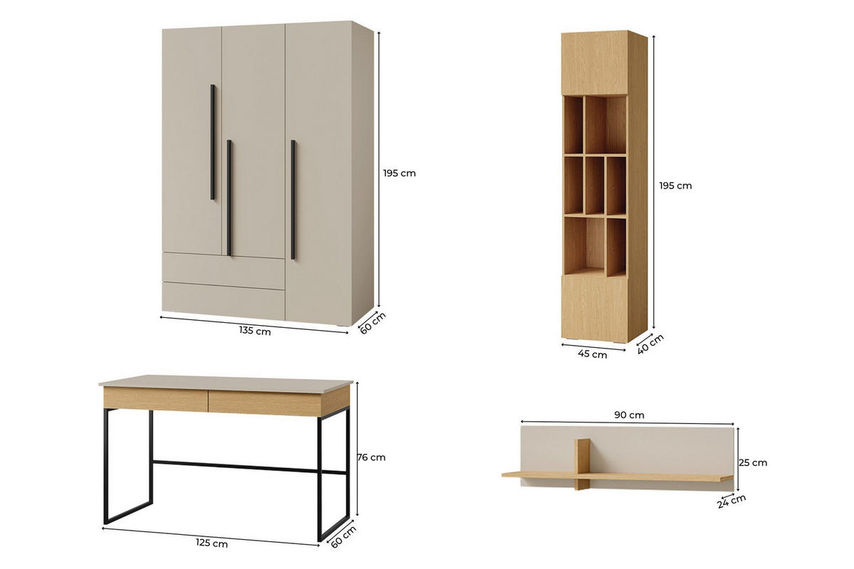 JUGENDZIMMER-SET LIMA A 4-teilig in Kaschmir/Eiche - Kaschmir/Eichefarben, Holzwerkstoff (305/195/60cm) - Deine Möbel 24