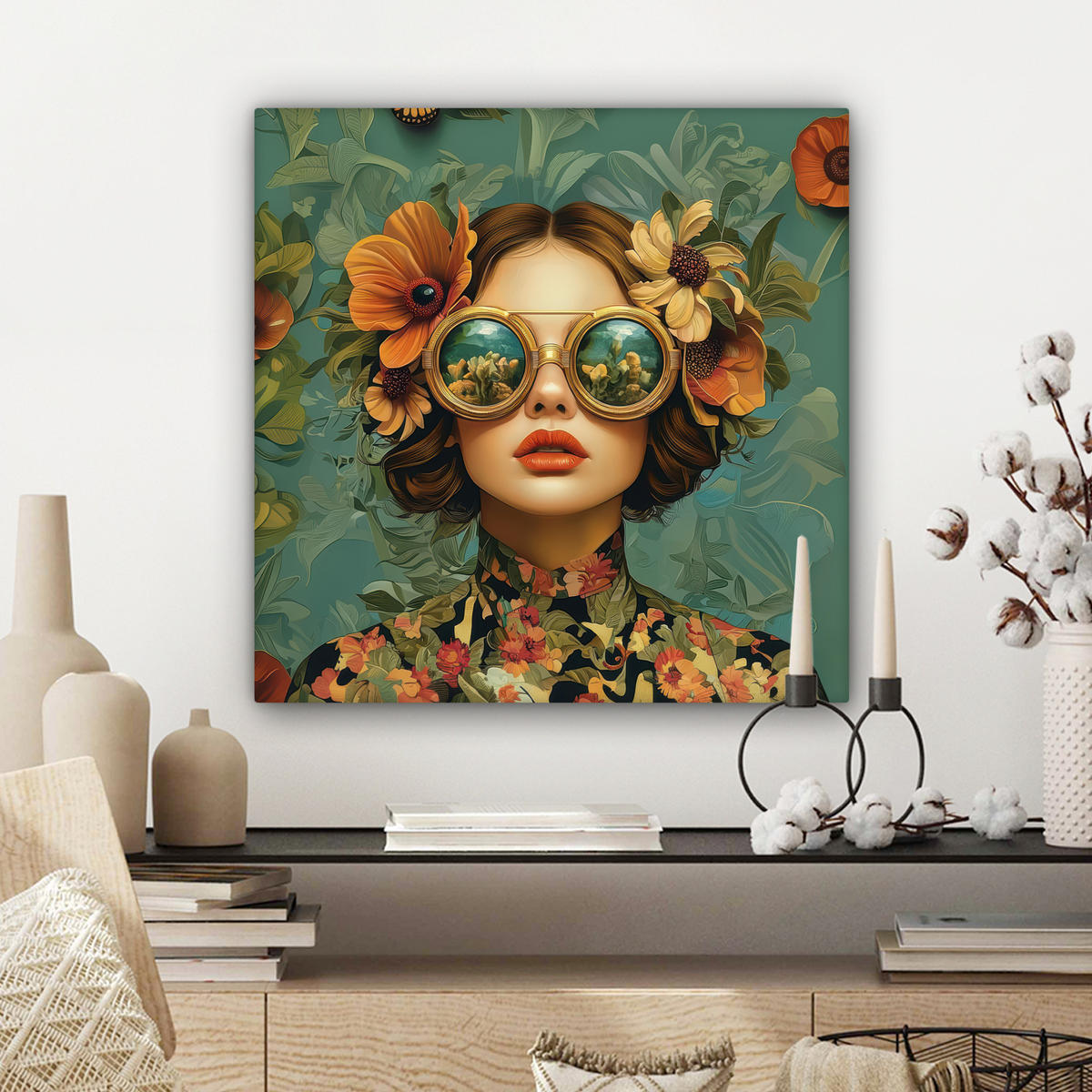 LEINWANDBILD Frau - Blumen - Schmetterlinge - Natur - Vintage Wandbild Wohnzimmer 50x50 cm - Salbeigrün, Textil (50/50cm) - MuchoWow