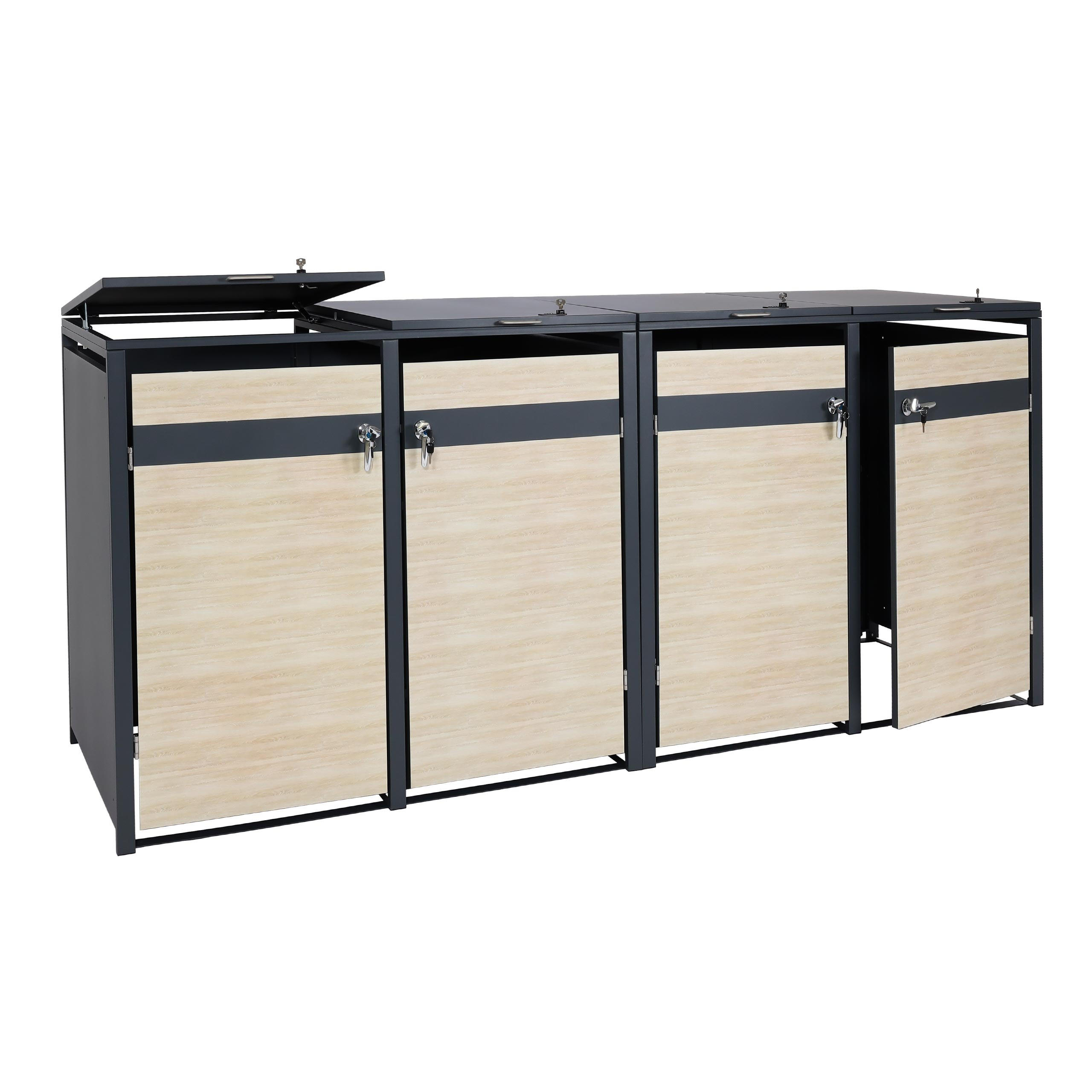 MÜLLTONNENBOX 4er 117x264x80cm Anthrazit Buche-Holzoptik Hellbraun - Hellbraun, Metall (264/117/80cm) - PROREGAL