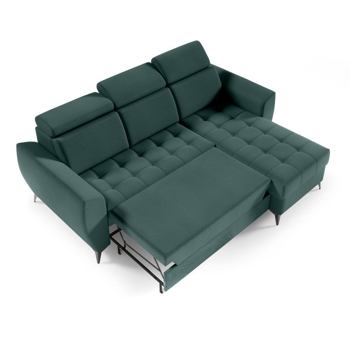 ECKSCHLAFSOFA Aurora I verstellbare Kopfstützen, Dunkelgrün - Dunkelgrün/Schwarz, Textil (235/176cm) - Beautysofa