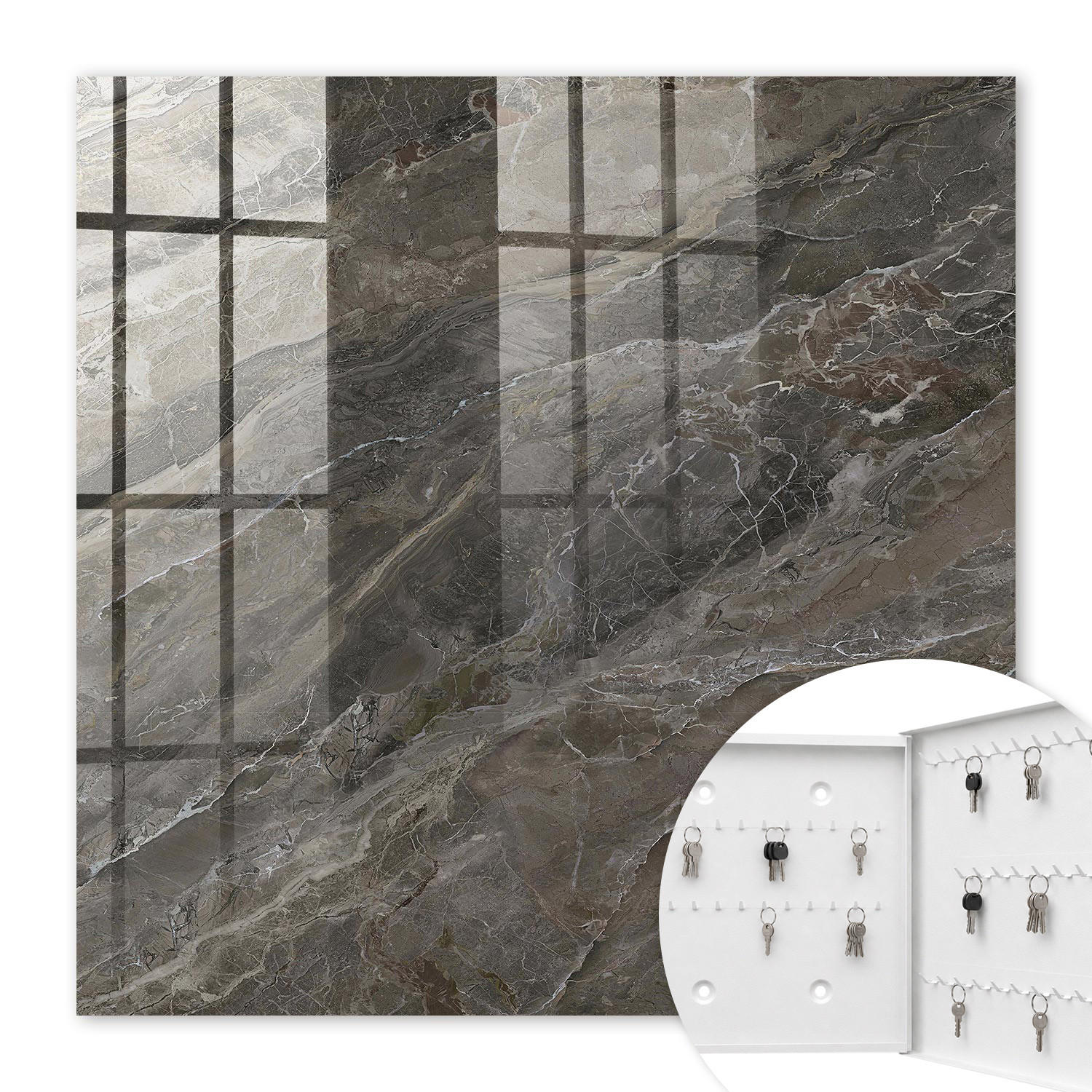 SCHLÜSSELBOX Weiß 30x30 cm – Türöffnung nach rechts - Marmorstruktur - Grau, Metall (30/30/5cm) - TULUP