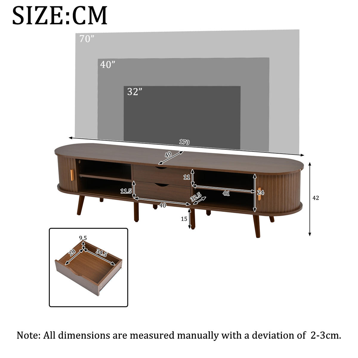 LOWBOARD DE-40323 mit Schiebetüren und ovalem Design Walnuss - Walnussfarben, Holzwerkstoff (170/42/40cm) - ComfortXL