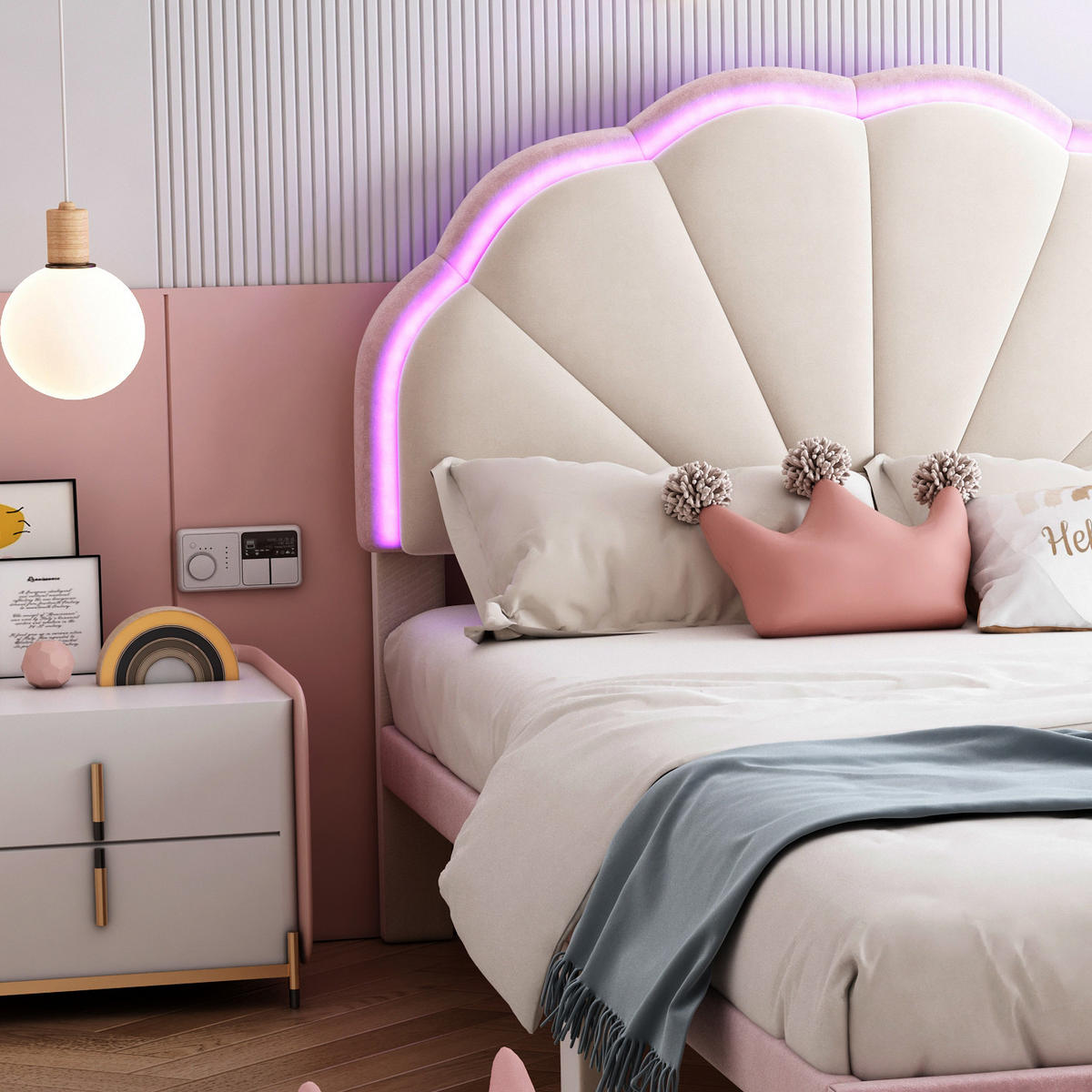 POLSTERBETT 90/200 cm aus Samt mit LED-Lichtstreifen und wellenförmigem Kopfteil Beige/Rosa - Weiß, Textil (90/200cm) - Modenvie