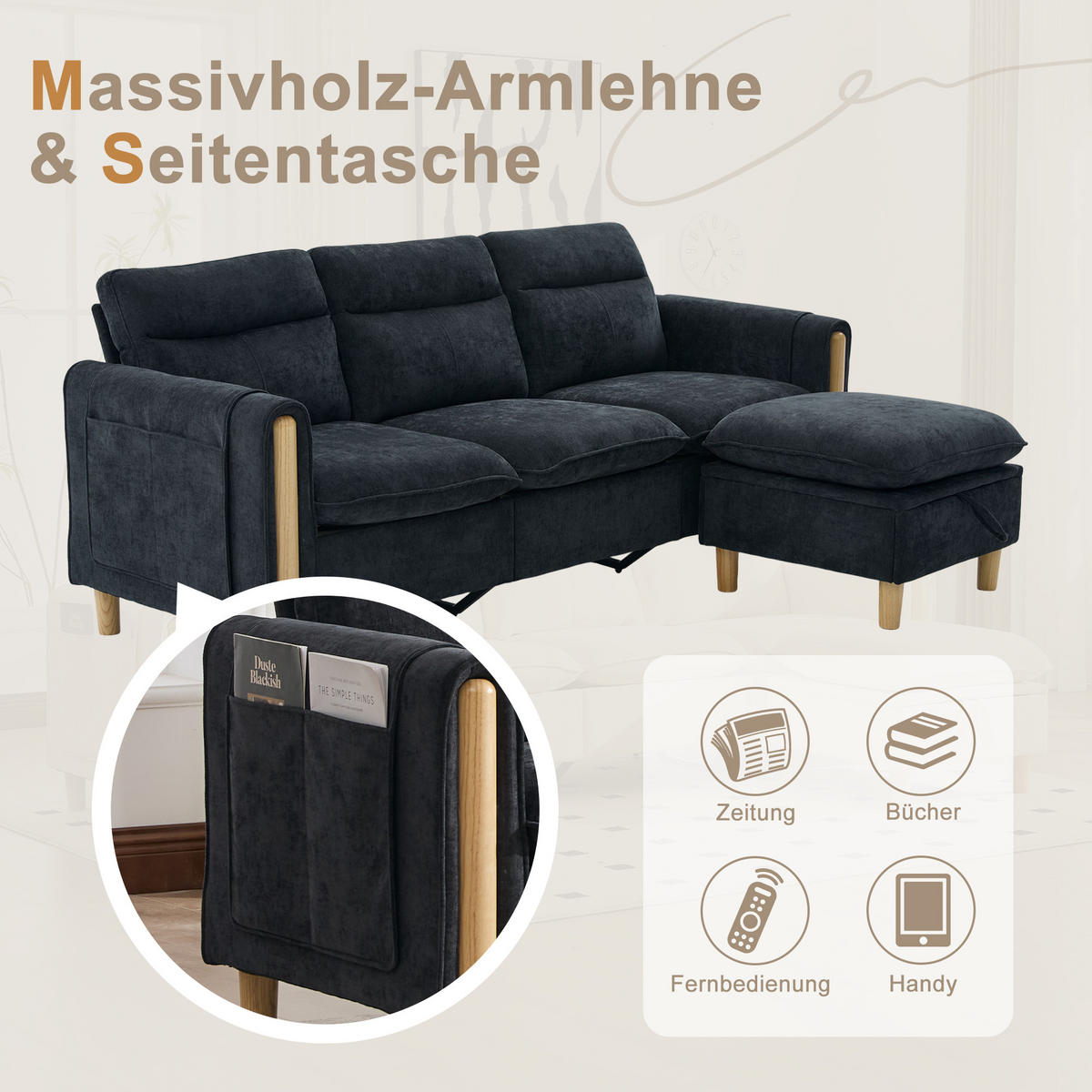ECKSOFA 201/110/86 cm Schwarz mit Aufbewahrungshocker und Seitentaschen - Schwarz, Holz/Textil (201/110cm) - Oxeza