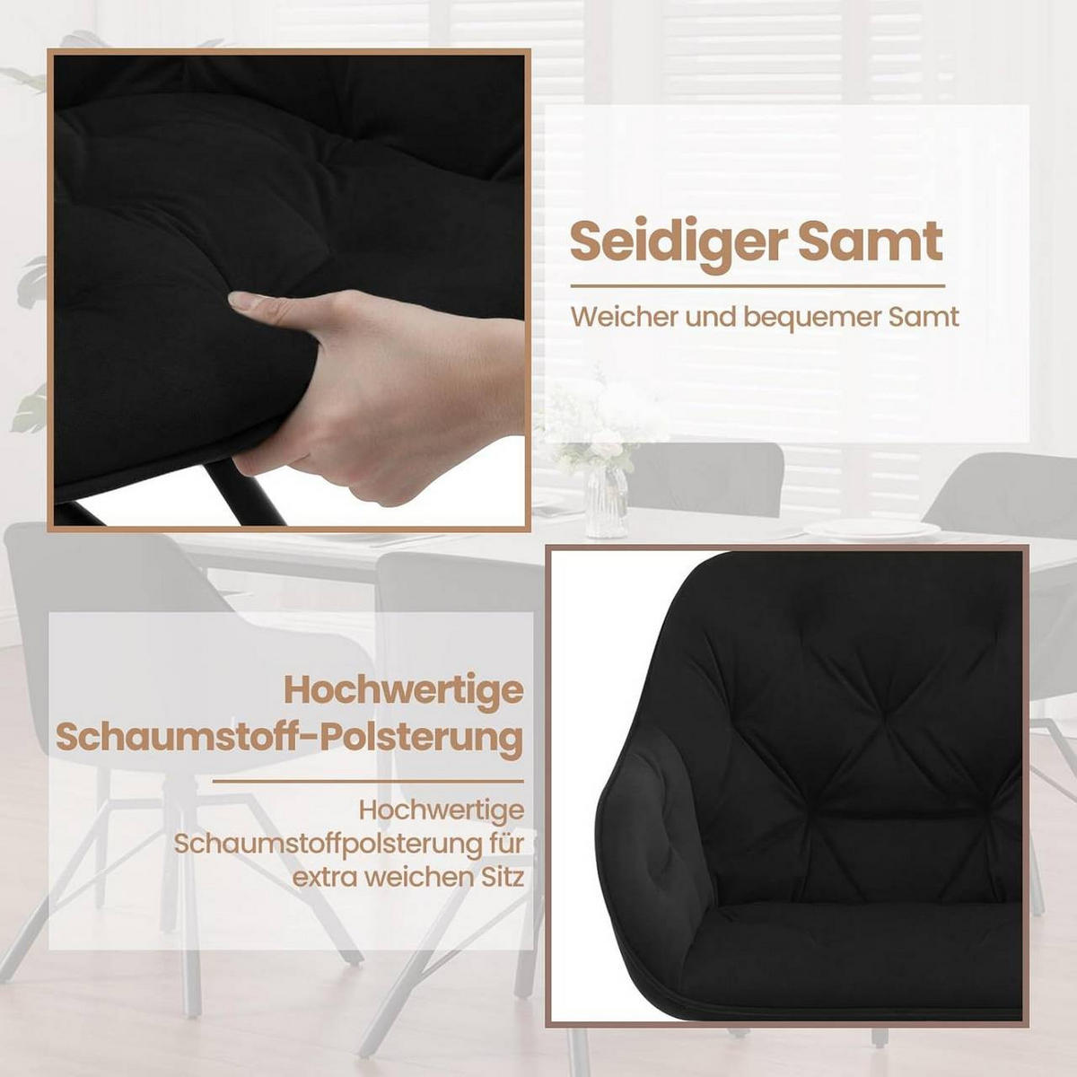 ARMLEHNSTUHL 4er Set drehbar mit Samtbezug, Schwarz - Schwarz, Kunststoff/Textil (57.5/82.5/53cm) - Woltu