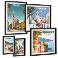 BILDER SET 5er Set - 50x50 cm & 20x30 cm & 40x60 cm Schwarzer Rahmen - Retro-Stadtillustrationen - Schwarz, Kunststoff (40/60cm) - TULUP