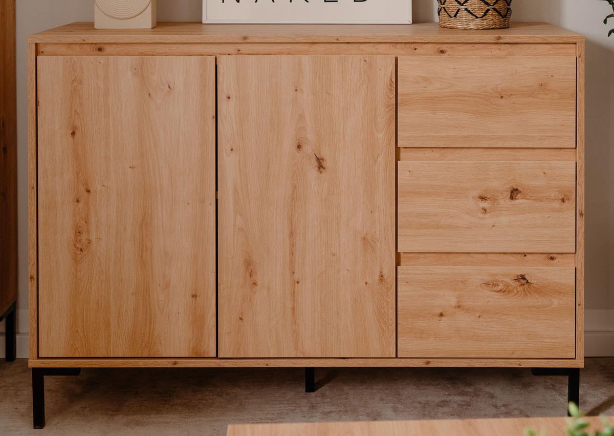 KOMMODE Eiche Artisan 120 cm, Sideboard modern mit viel Stauraum - Schwarz/Eiche Artisan, Holzwerkstoff/Metall (120/87/40cm) - Furn.Design