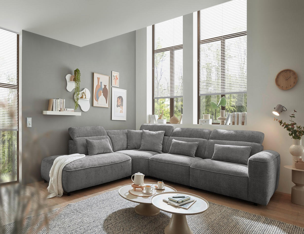 ECKSOFA mit 5-fach verstellbare Kopflehnen und pflegeleichter Mikrofaser-Chenille-Bezug - Schwarz/Grau, Kunststoff/Textil (339/285cm) - ed exciting design