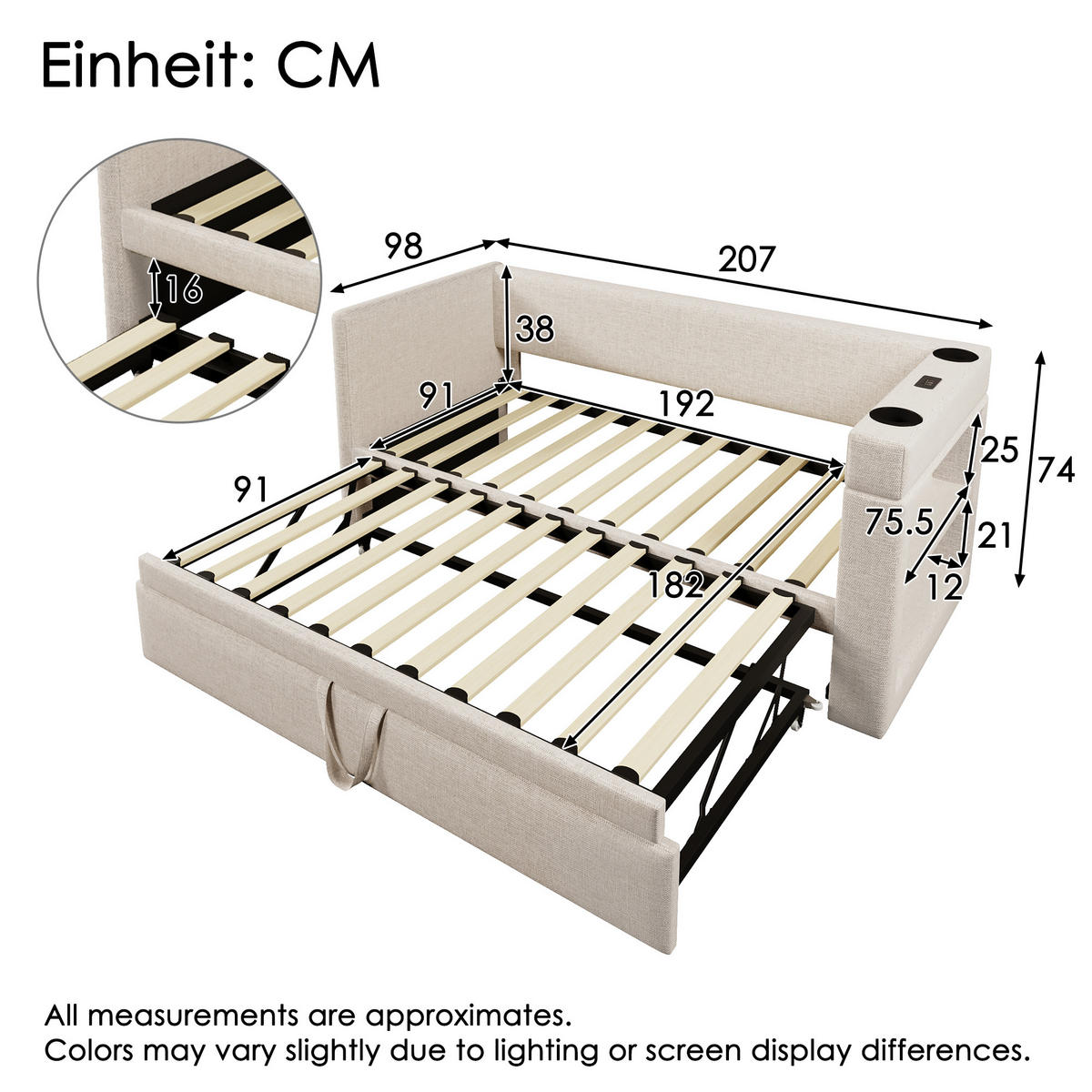 TAGESBETT 90x190cm Einzelbett Schlafsofa Ausziehbett USB-C & Halter Beige - Beige, Holz (90/190cm) - FLIEKS
