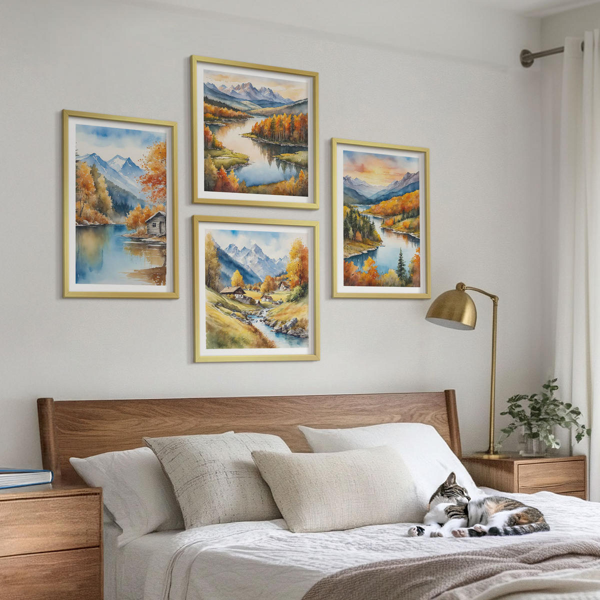 BILDER SET 4er Set - 50x50 cm & 40x60 cm Goldrahmen - Herbstliche Berge, Flusshütte - Goldfarben, Kunststoff (50/50cm) - TULUP