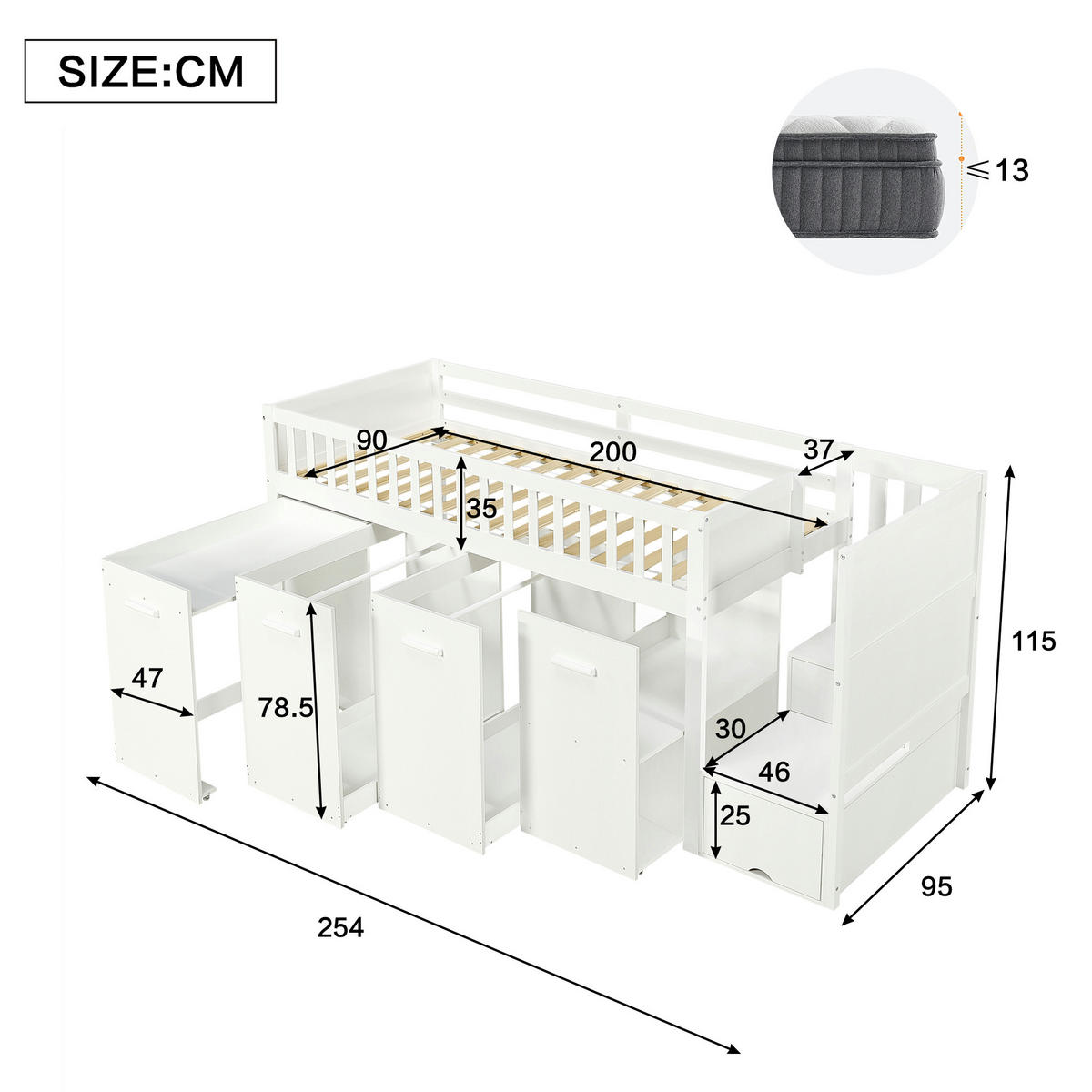 ETAGENBETT 90/200 cm in Weiß mit Schreibtisch, 3 Schränken und Stauraumtreppe - Weiß, Holz/Holzwerkstoff (90/200cm) - CHICFURN