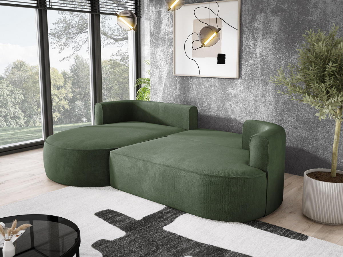 ECKSOFA FIORE-L Moderne Ausziehbare Schlaf-Funktion, automatischer Auffaltung, lose Rückenkissen freistehend LINKS 284x183x82 cm Forest green - Waldgrün, Holz/Textil (183/284cm) - DomoHome