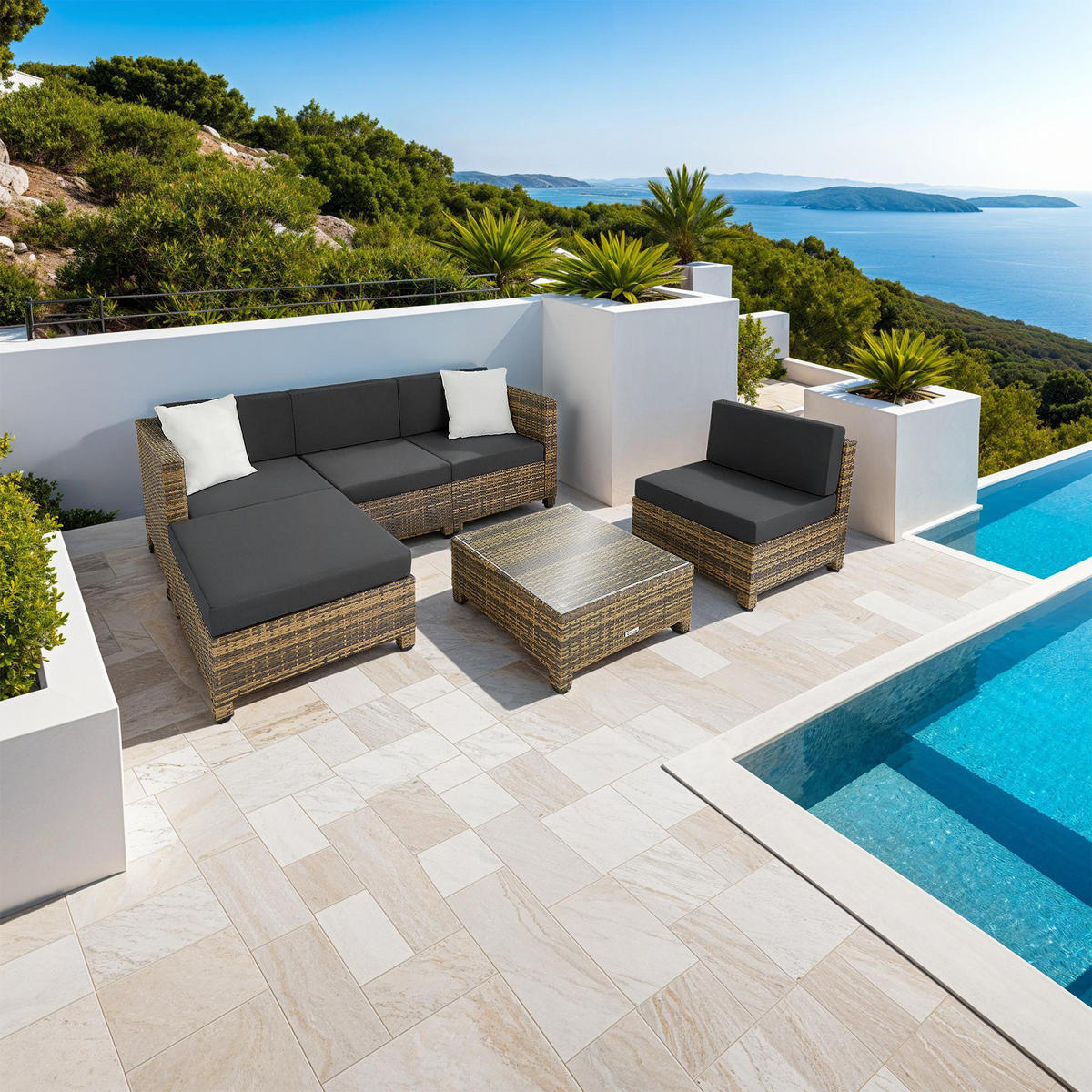 RATTANLOUNGE , mit Sicherheitsglasplatte, natur - Naturfarben, Kunststoff - tectake