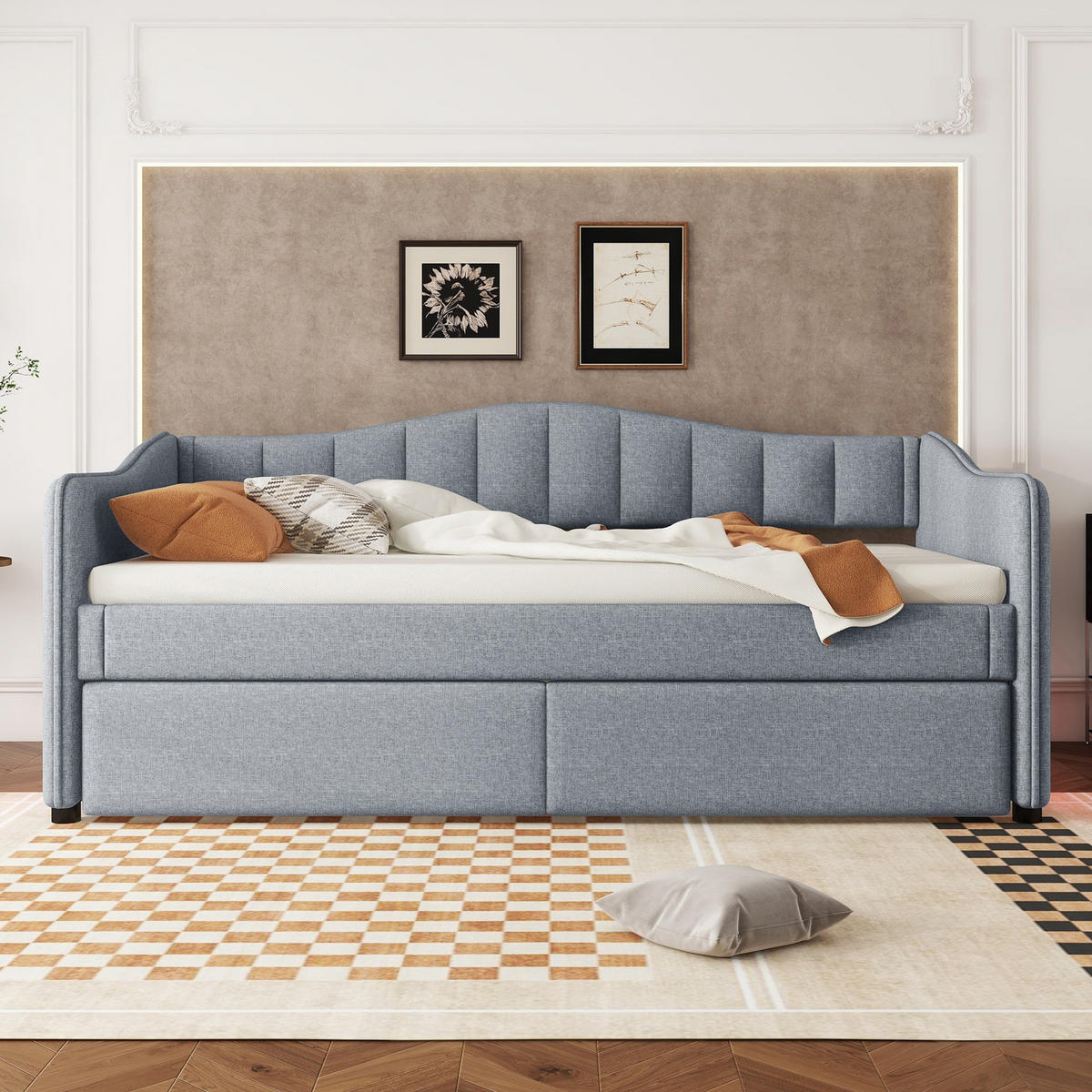 POLSTERBETT 90/200 cm Grau mit Ausziehbett und LED-Beleuchtung aus Leinen und MDF - Grau, Textil (90/200cm) - OKWISH