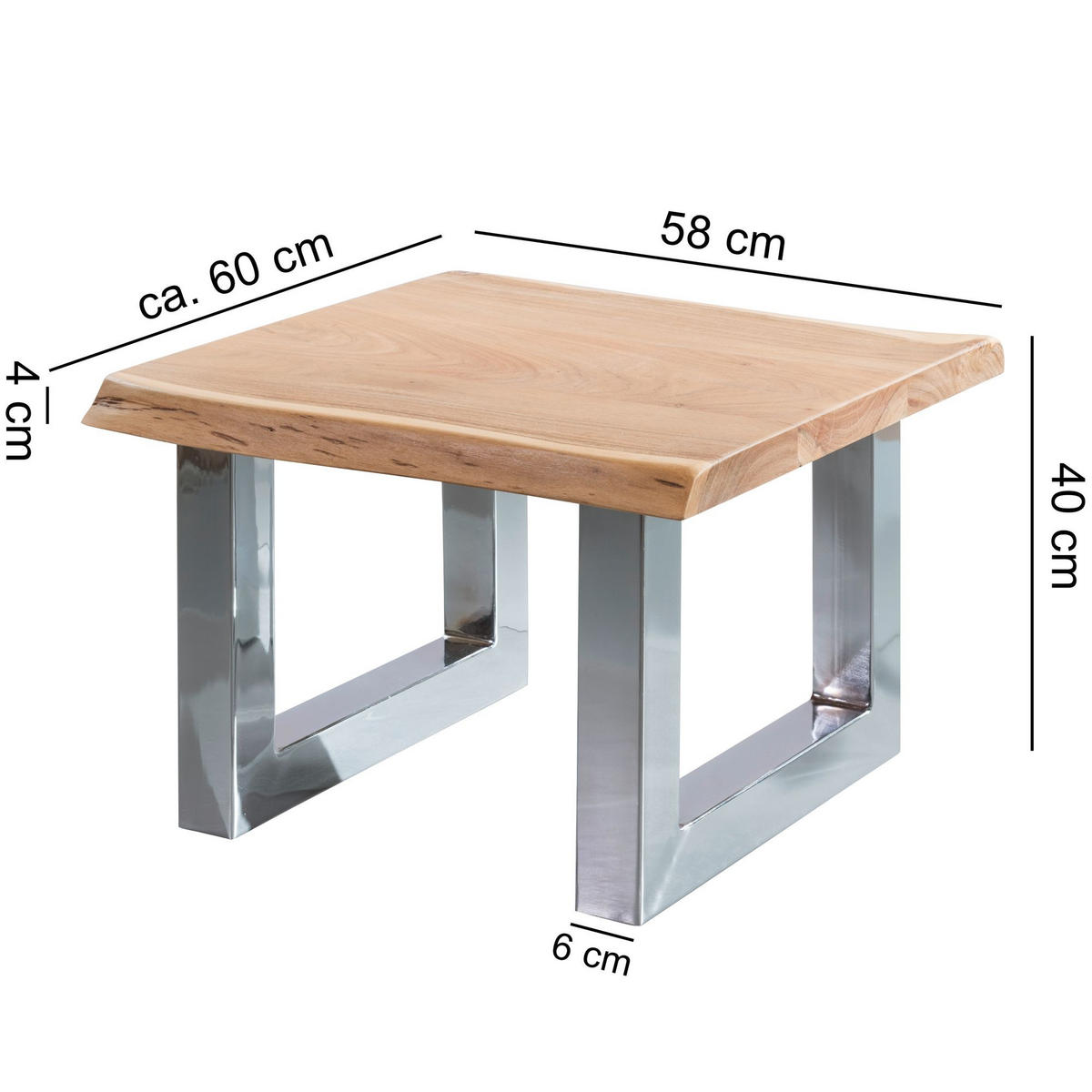 COUCHTISCH aus Massivholz in Braun, Landhaus-Stil mit Baumkanten und Metallbeinen, Maße 58x40x60 cm - Beige/Silberfarben, Holz/Metall (58/60/40cm) - KADIMA DESIGN