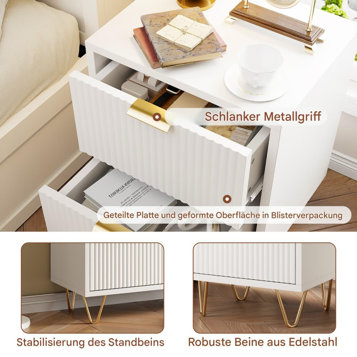 NACHTTISCH 2er-Set Weiß mit Wellenmuster & Goldgriffen, Modern - Weiß, Holz (40/55/40cm) - CASIVA