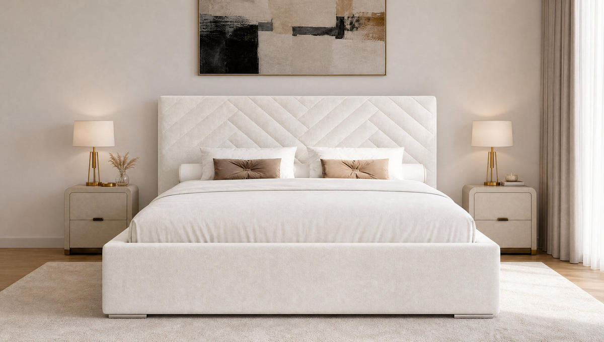 POLSTERBETT 140x200 cm AURA, Doppelbett mit Bettkasten und Lattenrost aus Holz, Velourstoff: Weiß - Weiß, Holz/Kunststoff (140/200cm) - Marpur