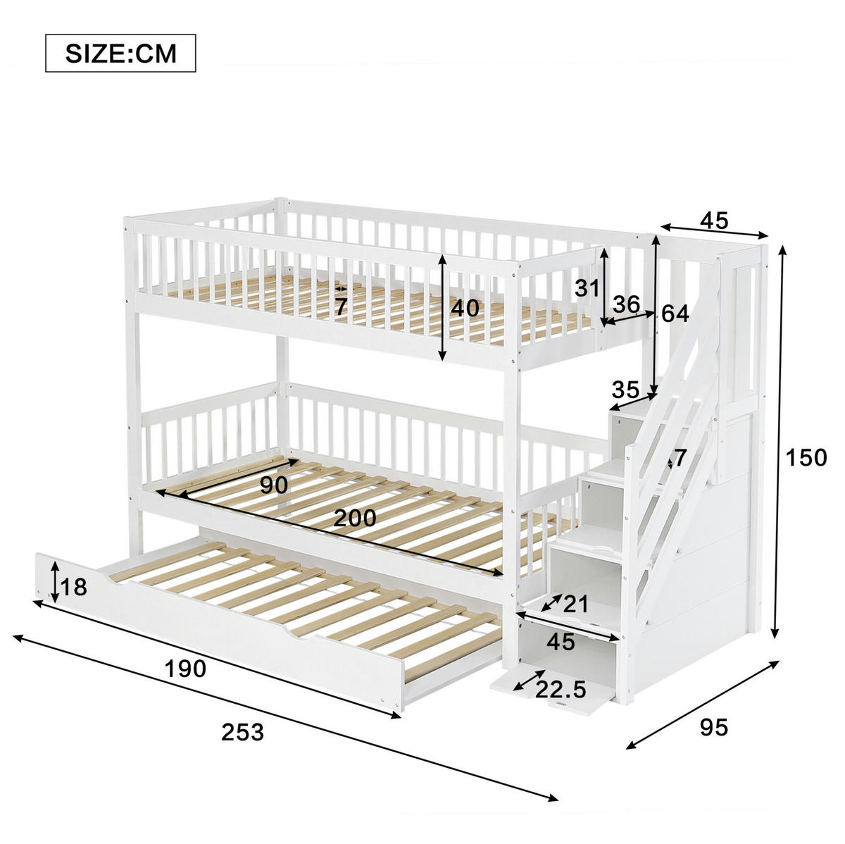 ETAGENBETT 253/95/150 cm aus Kiefer und MDF mit Rollbett und Leiterschrank Weiß - Weiß, Holz (90/200cm) - Modenvie