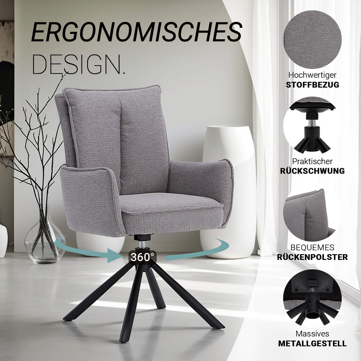 ARMLEHNENSTUHL Stoff in Grau drehbar - Grau, Textil (59/94/64cm) - Homestyle4u