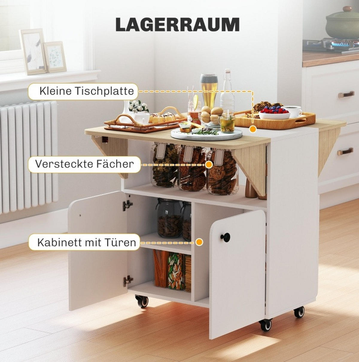 KLAPPTISCH 83/70/75 cm, seitlich ausklappbar, mit Rollen und Stauraum - Weiß, Holz (70/83/75cm) - BEAOK