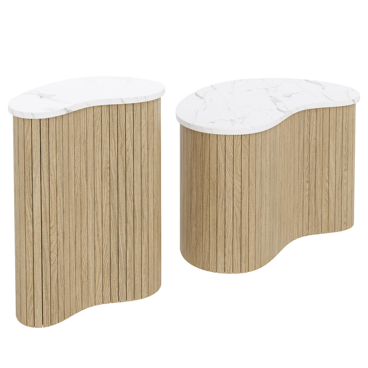 COUCHTISCH SET in Weiß und Naturfarben mit Marmormaserung und Holzoptik für Wohnzimmer, B60/T37/H38cm und B40/T25/H50cm - Weiß/Naturfarben, Holzwerkstoff (37/60/50cm) - STILVORA