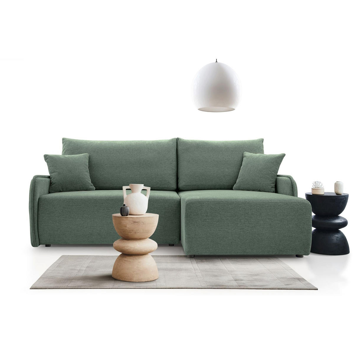 ECKSOFA Netarro, Salbeigrün Chenille, rechtsseitig - Schwarz/Hellgrün, Kunststoff/Textil (147/198cm) - Selsey