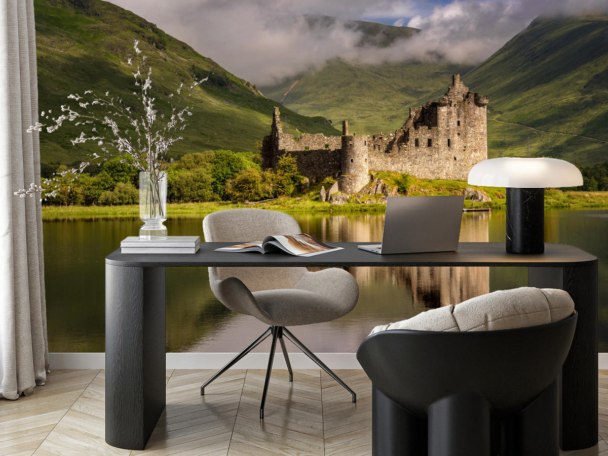 FOTOTAPETE Burgruine Kilchurn See Landschaft 3D 150x105 - Gelb/Beige, Papier (150/105cm) - Muralo