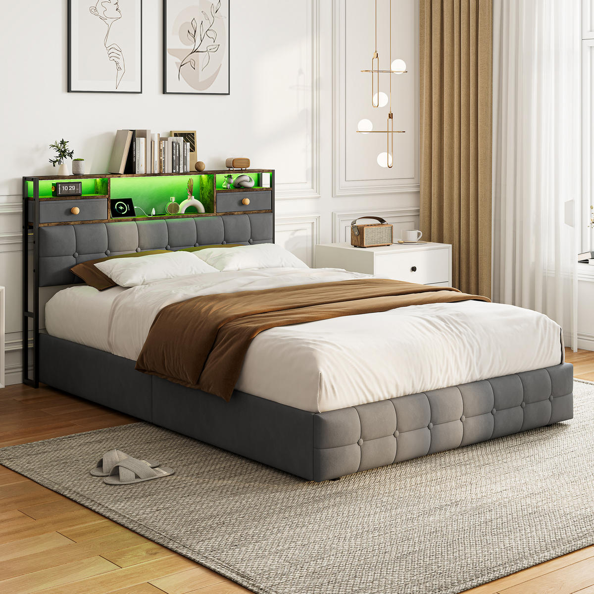 POLSTERBETT 140x200cm grau mit LED - Grau, Holz - SHOPENTRA