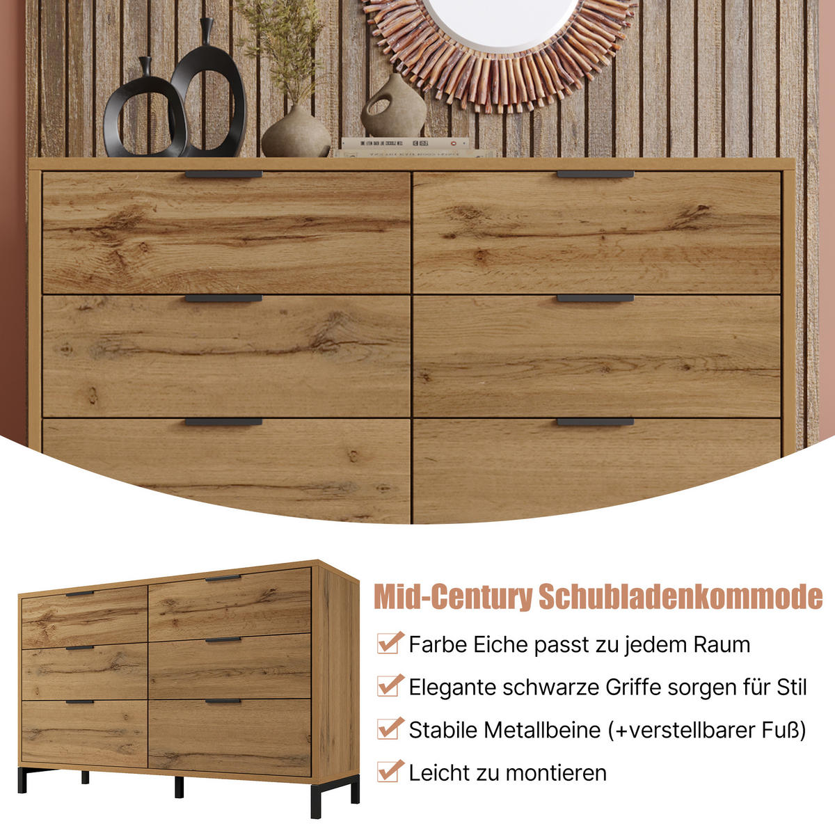 SIDEBOARD 120x40x76 cm Dunkle Eiche mit 6 Schubladen - Alteiche, Holzwerkstoff (120/76/40cm) - FLIEKS