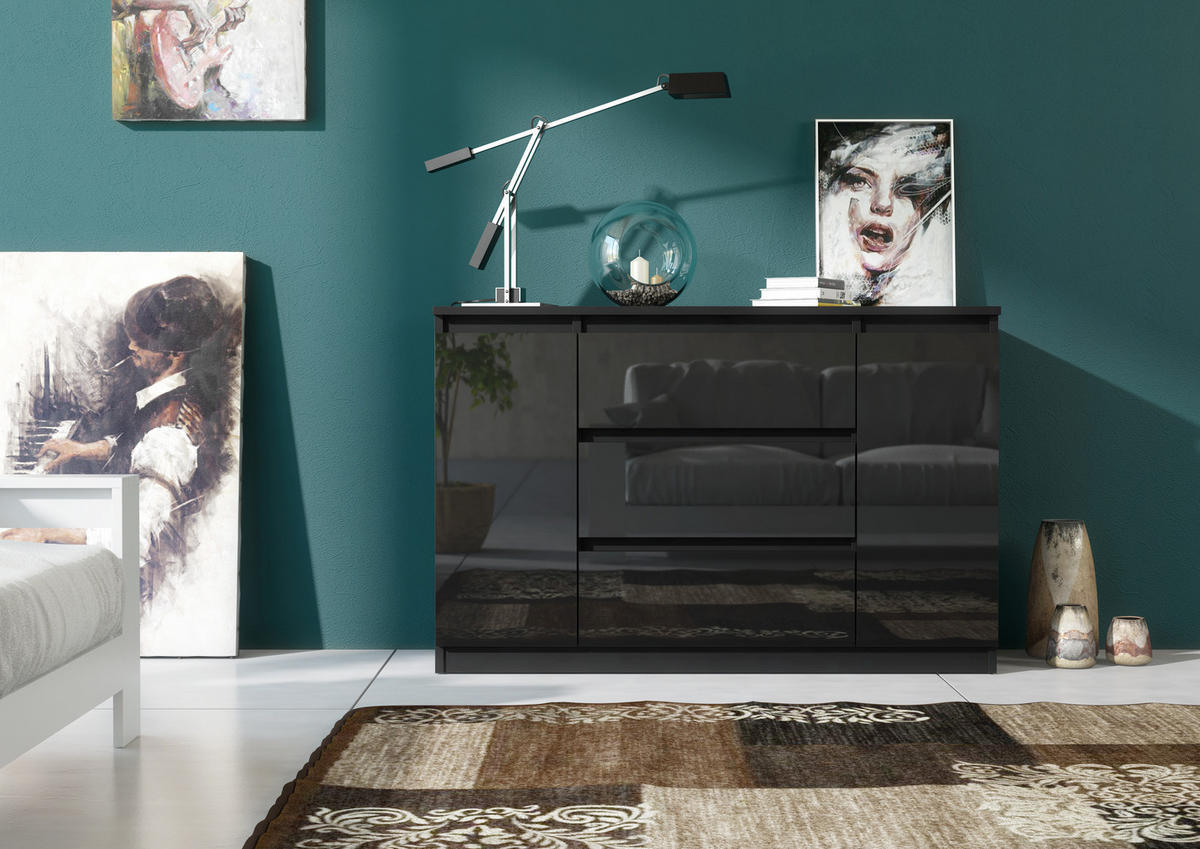 KOMMODE NUDO 120/78,5/39cm mit 3 Schubladen 2 Türen Schwarz - Schwarz Hochglanz/Schwarz, Holzwerkstoff (120/78.5/39cm) - MASSENO