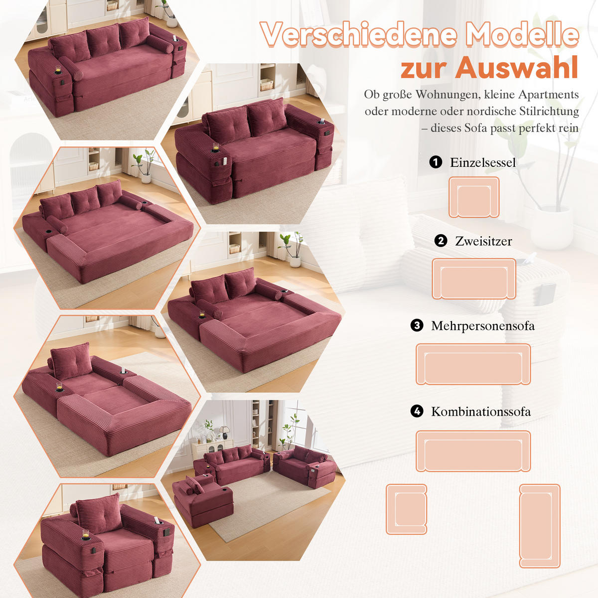 SCHLAFSOFA, 2-in-1 Klappsofa mit Getränkehalter, Modulares Bodensofa Cordstoff, Weinrot - Weinrot, Textil (232/80/98cm) - LVHOM