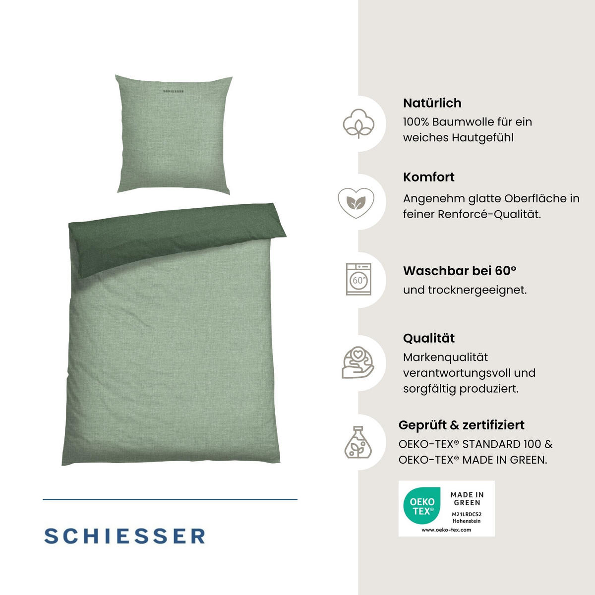 BETTWÄSCHESET Doubleface Renforcé 2-teilig 135x200 cm Grün - Grün, Textil (135/200cm) - SCHIESSER