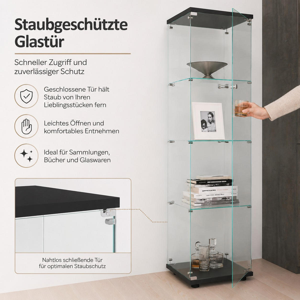 SAMMLERVITRINE 4 Ebenen Glas Schrank Stabil Für Figuren Wein Bücher - Schwarz, Glas (14.37/64.56/16.73cm) - SHOPENTRA