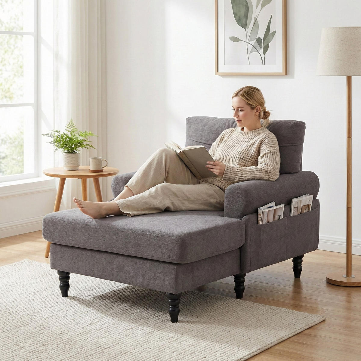 RELAXSESSEL Liege,hochdichte Polsterung,Seitentaschen,Chenille,Grau - Grau, Textil (97/86/125.5cm) - LVHOM