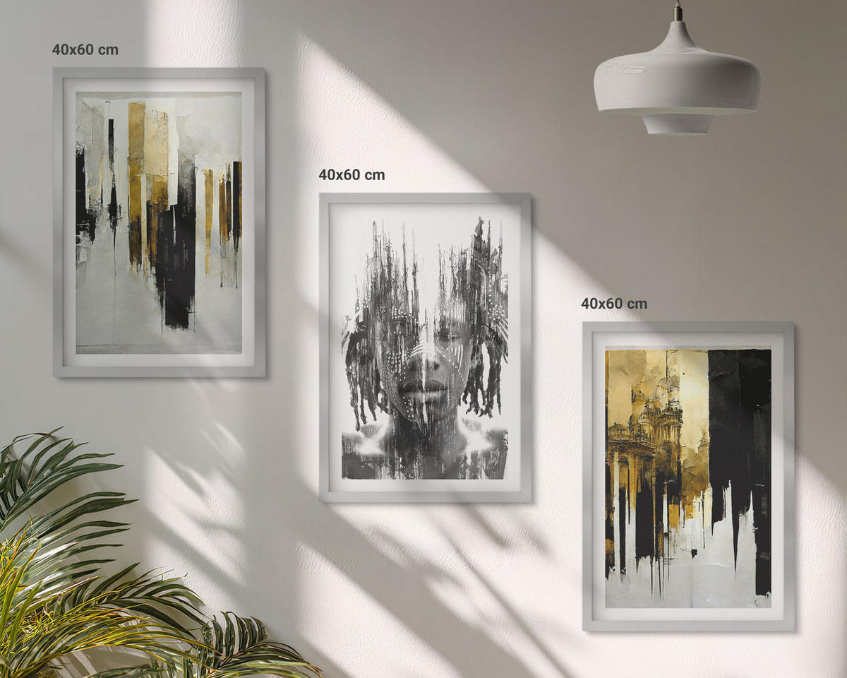 BILDER SET 3er Set - 40x60 cm Silberner Rahmen - Kontrastierende abstrakte Porträts - Silberfarben, Kunststoff (40/60cm) - TULUP
