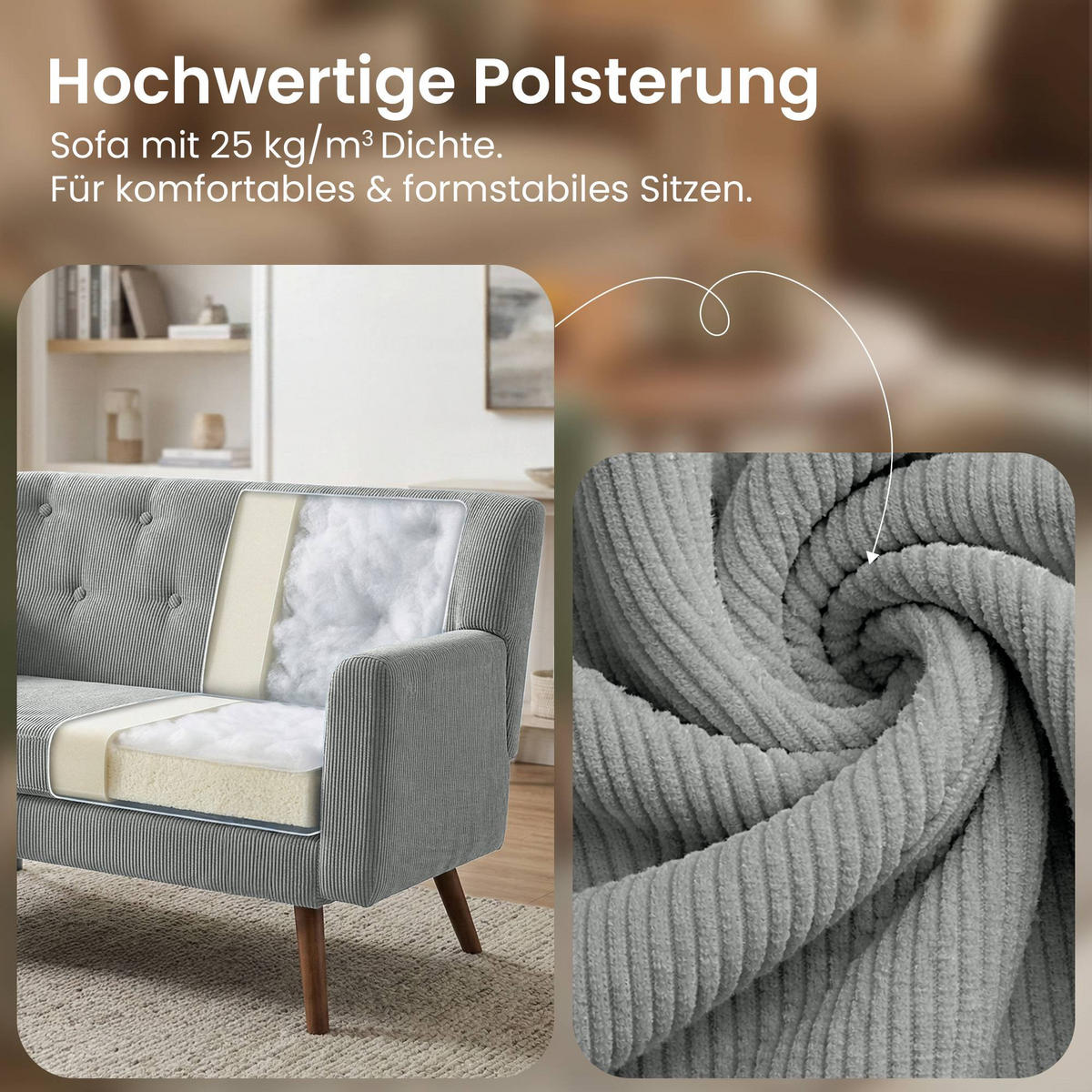 SOFA 120/74 cm Cord Grau - Braun/Grau, Holz/Textil (120/81/74cm) - CLP