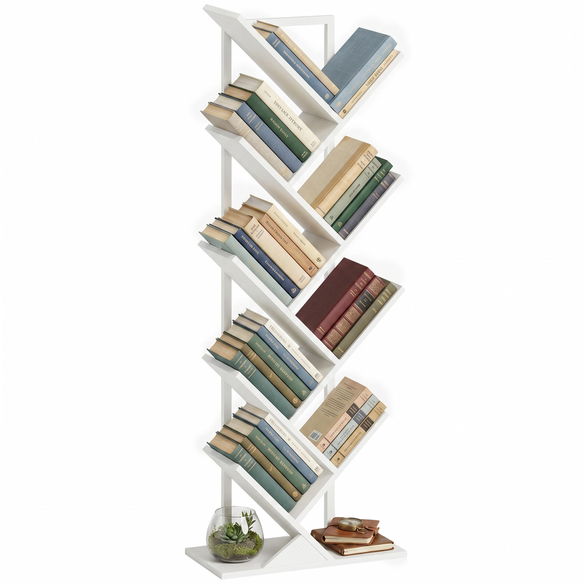 BAUM-BÜCHERREGAL,9-STUFIG Stahlrahmen CD/DVD Aufbewahrung,weiß - Weiß, Holzwerkstoff (50/136/24cm) - Vallsero