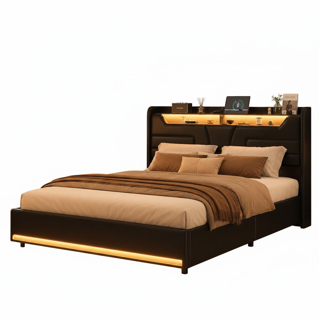 DOPPELBETT 140x200 cm Bettgestell mit Stauraum LED-Beleuchtung - Schwarz, Holz (140/200cm) - PARAFTA HOME