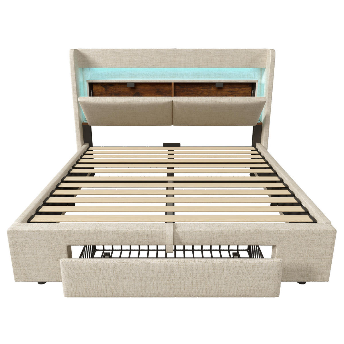 POLSTERBETT 160/200 cm mit Bettkasten, LED-Beleuchtung und USB/USB-C - Beige, Textil (160/200cm) - BEAOK