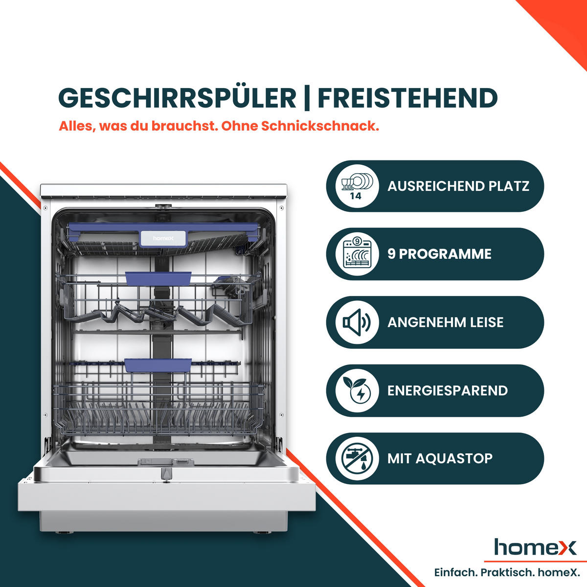 GESCHIRRSPÜLER DWFS601442A-S freistehend 60 cm, Spülmaschine - 14 Maßgedecke, 9 Programme, AquaStop, Unterbaufähig - Silberfarben/Schwarz, Kunststoff/Metall (59.8/84.5/60cm) - homeX