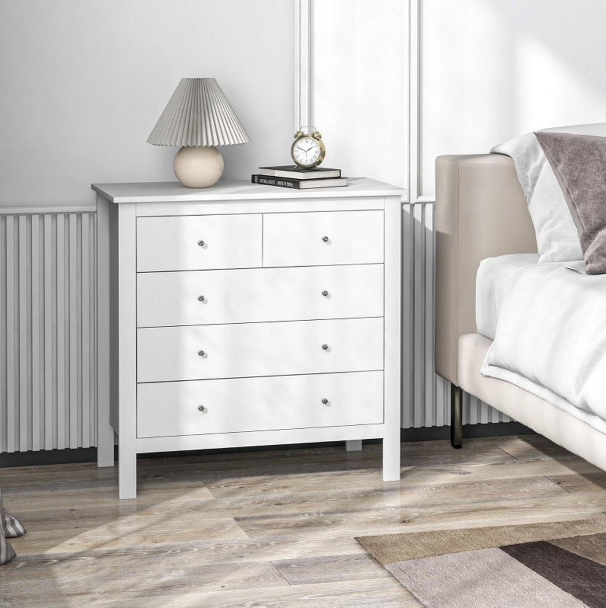 KOMMODE aus Holz 39,5x79x80,5 cm Weiß mit 5 Schubladen, Metallgleitern und pflegeleichter Bodenfreiheit - Weiß, Holzwerkstoff (79/80.5/39.5cm) - Modfu