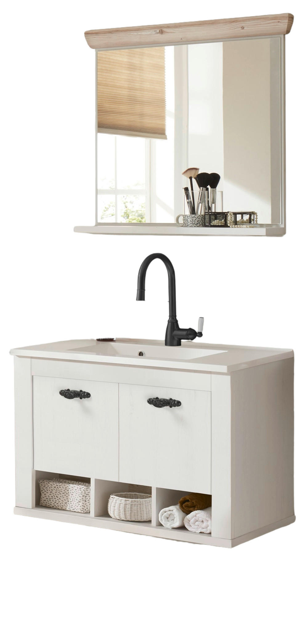 BADKOMBINATION Pinie weiß, Oslo Pinie, Landhaus Badmöbel Set 3-tlg. hängend MIT Waschbecken 81 x 200 cm - Anthrazit/Weiß, Holzwerkstoff/Metall (81/200/46cm) - Furn.Design