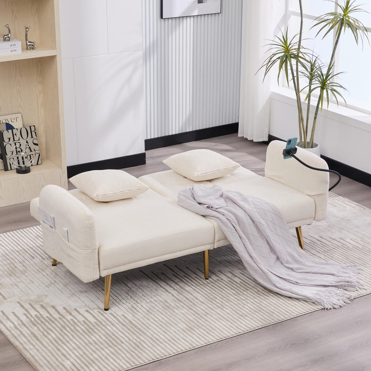 SCHLAFSOFA 2-Sitzer mit verstellbarer Rückenlehne und Handyhalter Chenille Beige 173/78/78 cm - Beige, Textil (173/78/78cm) - OKWISH