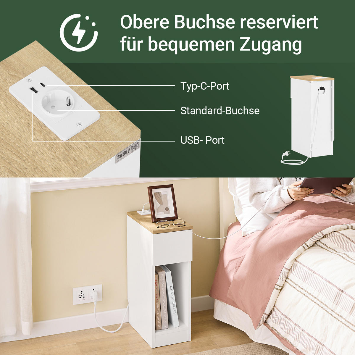 NACHTTISCH 2er Set mit Steckdose, Beistelltisch Weiß 20x35x60 cm, USB-A & Type-C, Schlafzimmer/Wohnzimmer - Weiß, Holzwerkstoff (20/60/35cm) - SoBuy