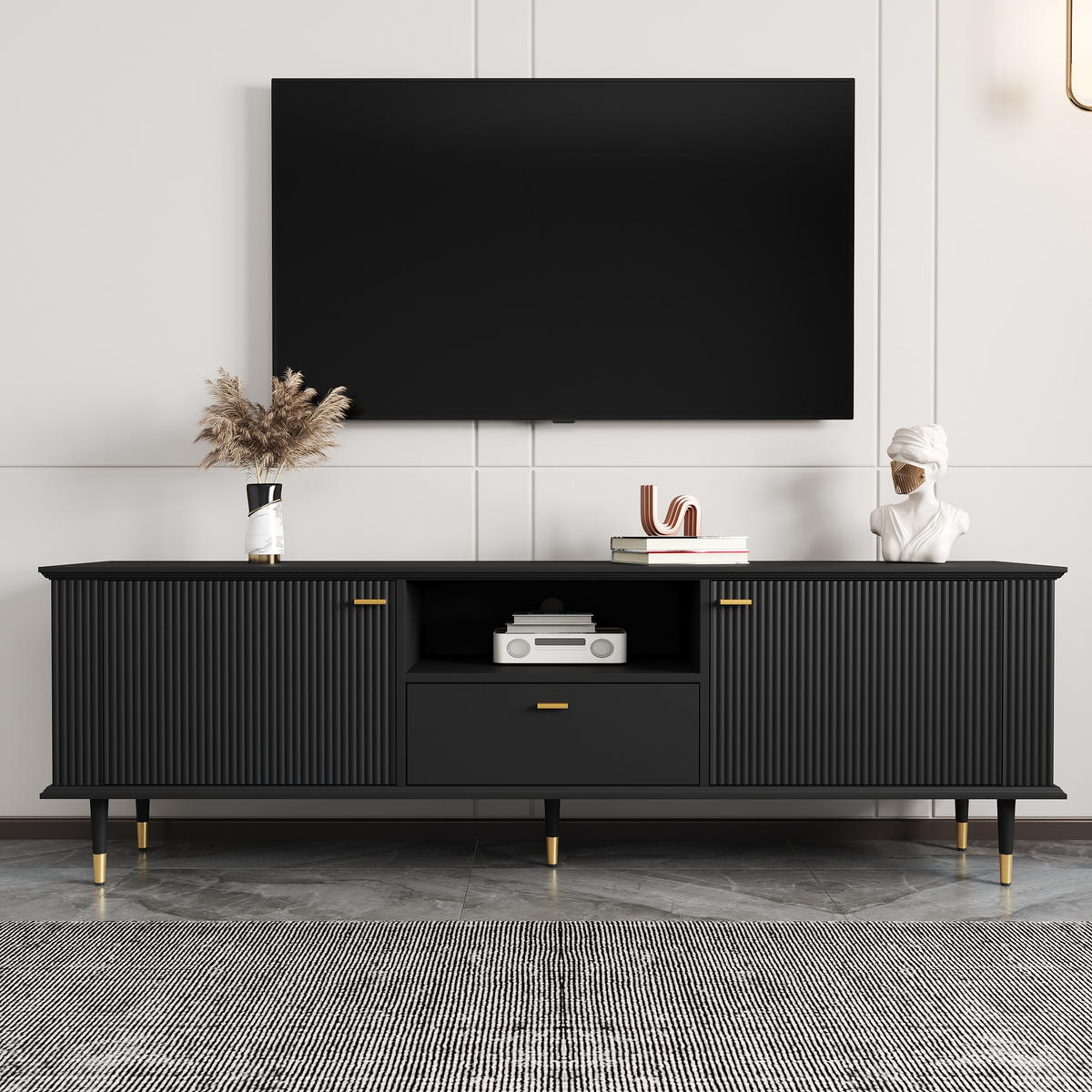 TV-SCHRANK offene Fächer Schubladen Soft-Close modern - Schwarz, Holzwerkstoff (36/54/170cm) - FLIEKS